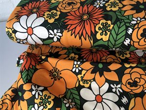 Bomuldsjersey - med fede store retro blomster i orange / flaskegrønne toner